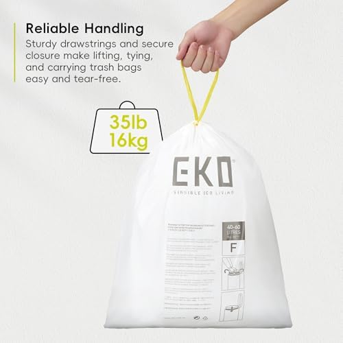 EKO 13 Gallon / 40-60 Liter, 60 Count Drawstring Trash Bags, Extra-Strong Unscented Garbage Bags, Easy-Dispense Roll for Kitchen & Household Use, Leak-Resistant, Code F, White - Image 4