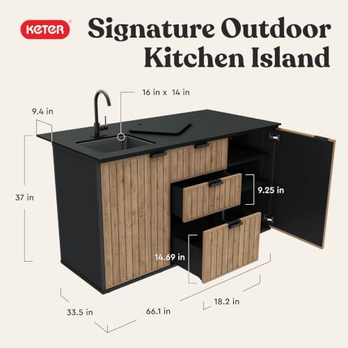 Keter Signature Compact Outdoor Kitchen Island with Sink, Storage Drawers & Cabinet, Brown, Weather-Resistant Resin Patio Prep Table with Countertop - Image 2