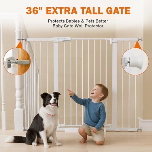 Mumeasy 36" Extra Tall Baby Gate for Stairs, 29.7-51" Wide Dog Gates Indoor for Doorways with Easy Walk Thru, Auto Close Pet Safety Gate for House, Pressure Mounted Metal Child Gate with Door, White - Image 5