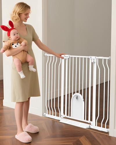 30"- 48" Extra Wide Baby Gate with Cat Door, 30.5" Tall, No-Drill Pressure Mount, Includes 2 Extensions, Pet & Toddler Safety Gate for Kitchens, Stairs (White-All-Door, 30"-48" W x 30.5" H) by IKUSO