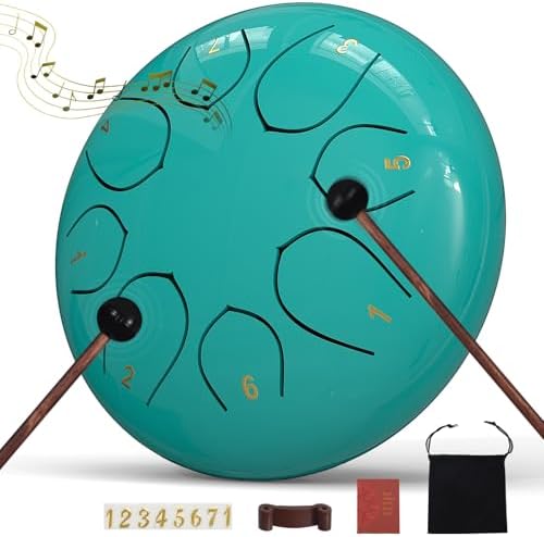 Rain Drum for Outside Garden, 6 Inches 8 Notes Steel Tongue Chakra Drums, Waterproof Meditation Rain Chime, Musical Instruments for Adult Gift with Bag, Music Book, Drum Mallets (Blue) by INNOWARMER