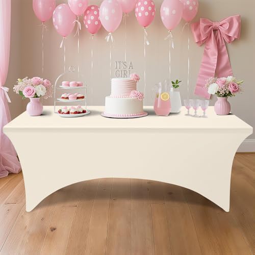 Smiry 2 Pack Spandex Table Cloth 6FT, Elastic Fitted Beige Tablecloth - Image 6