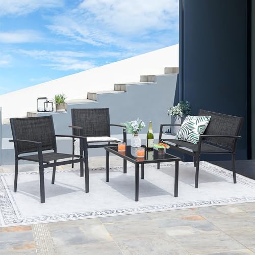 Greesum 4 Pieces Patio Furniture Set Outdoor Conversation Textilene Fabric Chairs for Lawn, Garden, Balcony, Poolside with A Glass Coffee Table, Black - Image 3