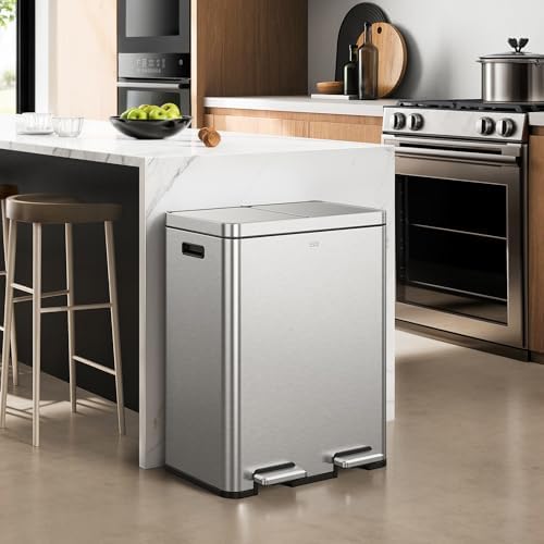 EKO Edison Dual Trash Can for Recycling and Trash, 8+8 Gallons Kitchen Garbage Can with Dual Removable Inner Liners, Independent Lids and Pedals, Matte Stainless Steel - Image 4