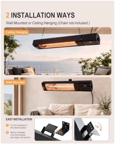 Carbon Ffiber Patio Heater, 1500W, IP65 Approved, Odorless, Wall-Mounted Heater with Remote, 15 Second Fast Heater Indoor/Outdoor for Patio, Restaurant, Backyard, Garage, Decks - Image 5