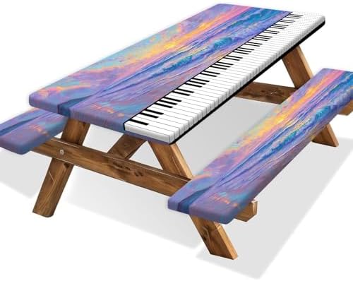 Piano Keyboard Picnic Table Cover with Bench Covers, Camping Essentials, Beach Seaside Sunset Purple Waterproof Windproof, Fitted Tablecloth Cover with Elastic Edge for Outdoor Garden 3 PCS 30x60 Inch by Xguatan