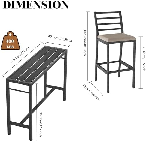 3Pcs Outdoor Patio Bar Set, 55" Rectangular High Top Table & Chair Set - Image 3