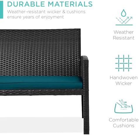 Best Choice Products 4-Piece Outdoor Wicker Patio Conversation Furniture Set for Backyard w/Coffee Table, Seat Cushions - Black/Peacock - Image 3