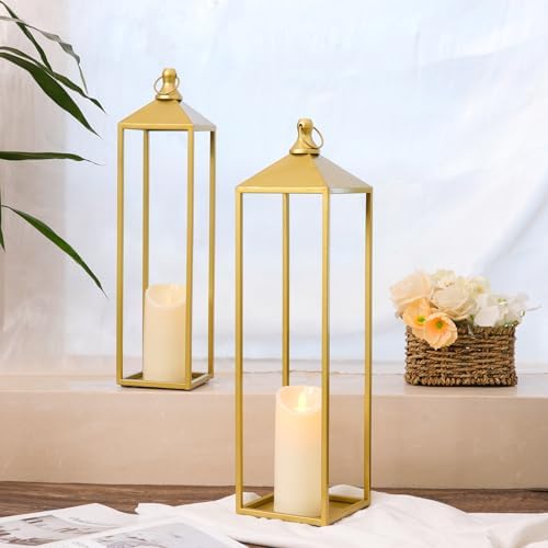 22'' 19'' Large Lanterns Decorative Outdoor Indoor, Set of 2 Gold Lantern - Image 3