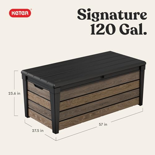 Keter Signature Collection 120 Gallon Resin Deck Box Organization and Storage Box for Patio Outdoor Cushions, Throw Pillows, Garden Tools and Pool Supplies, Walnut - Image 2