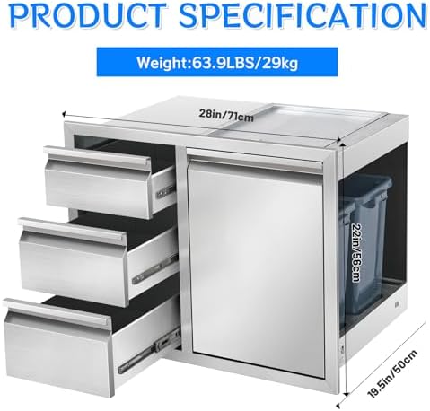 Outdoor Kitchen Drawer Combo, Stainless Steel Triple Drawer Cabinet with Built-in Trash Bin Drawer & Two Trash Cans, 28" W x 22" H x 19.5" D Outdoor Kitchen Storage for BBQ Grill Islands - Image 6