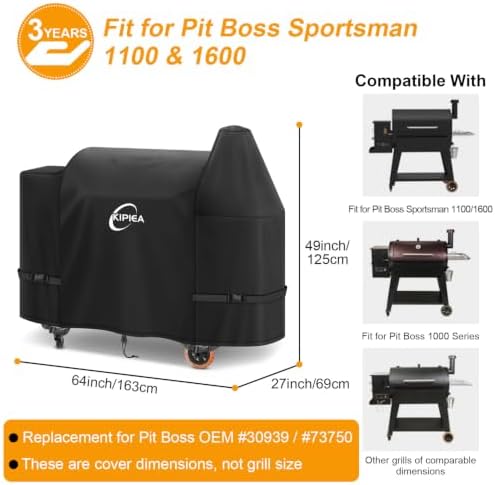Kipiea 600D Pellet Grill Cover for Pit Boss Sportsman 1100 & 1600, and Mahogany 1000 Series, Waterproof BBQ Smoker Cover, UV Resistant, No Tear, No Fading - Image 2