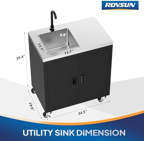 ROVSUN Stainless Steel Utility Sink with Cabinet & Wheels, Outdoor Heavy-Duty Freestanding Prep Grill Cart Sink for Backyard, Kitchen, Garage, Laundry, Garden Use 34.5" D x 19.6" W x 35.4" H - Image 3
