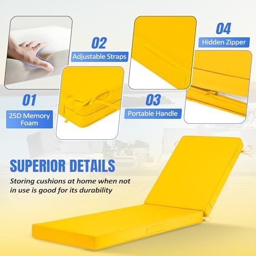 Basic Beyond Chaise Lounge Cushions Outdoor, 3-Layer Waterproof Outdoor Furniture Cushions with Removable Cover and 4 Ties, 72"x21"x3" Patio Lounge Chair Cushions for Outdoor Furniture, Yellow - Image 3
