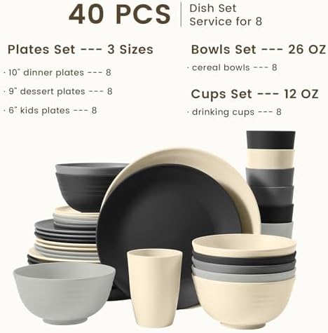 Homienly Kitchen Wheat Straw Dinnerware Set 40 PCS - Dinner Plates, Cereal Bowls, Wheat Straw Cups Set, Microwave and Dishwasher Safe Dishes Set, Unbreakable Dish Set for Party, Outdoor(Grey Stone) - Image 2