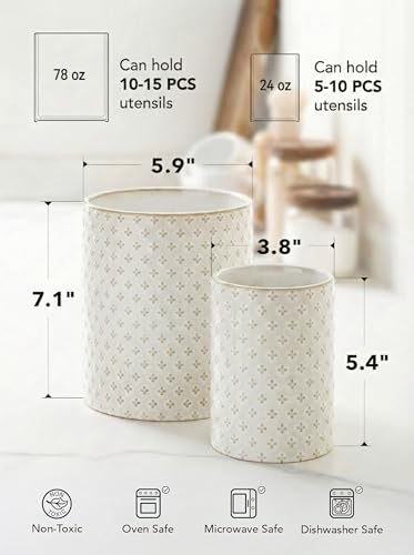 LE TAUCI Kitchen Utensil Holder for Countertop - 7.1"+5.4" Ceramic Utensil Crock Set of 2, Large Cooking Utensil Organizer for Spatula, Spoon, Whisk - Farmhouse Storage, Embossed, Clover - Image 5