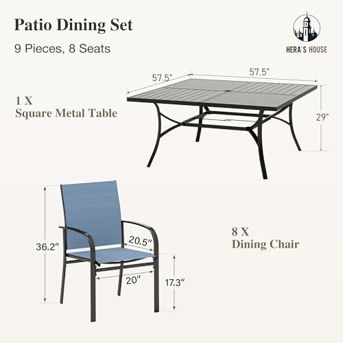 HERA'S HOUSE 9pc Outdoor Patio Dining Set for 8, Textilene Chairs, Blue - Image 6
