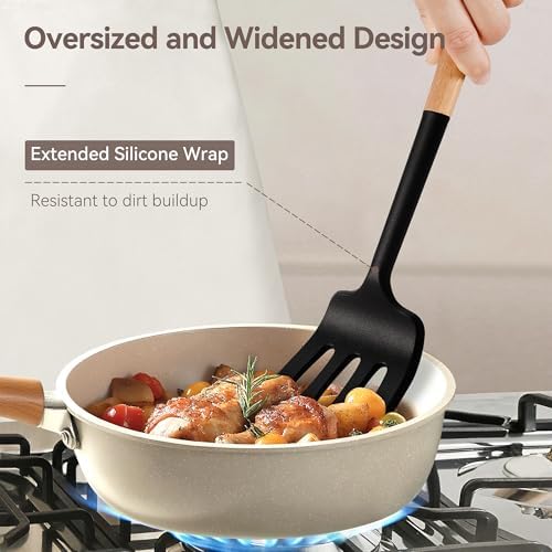 NCUE 6-Pcs Silicone Kitchen Utensils Set Wood Handle BPA-Free Food Grade - Image 3