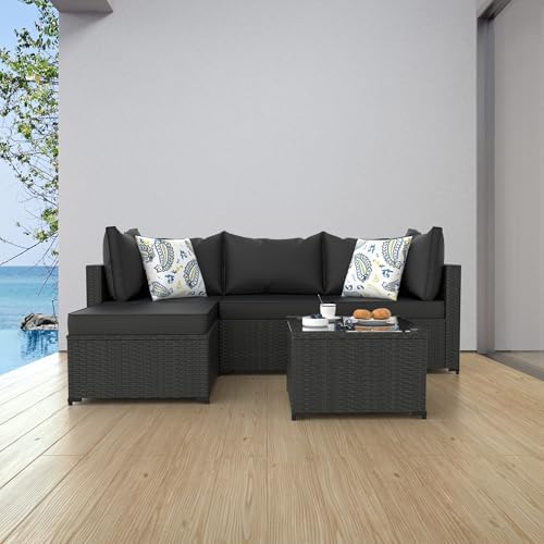 Patio Furniture Set, 5PCS Outdoor Sectional w/ Ottoman & Cushion, Black - Image 7