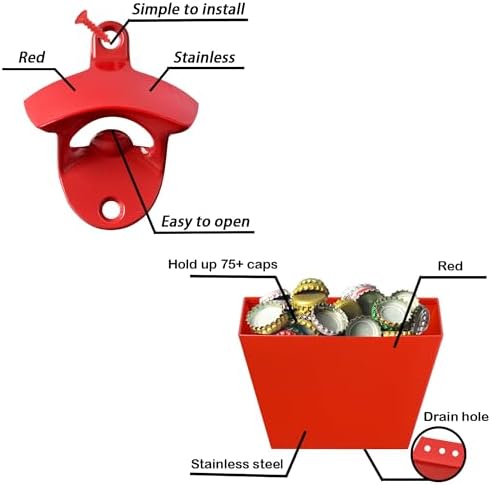 Red Bottle Opener Wall Mounted and Cap Catcher with Drain Holes - Image 2
