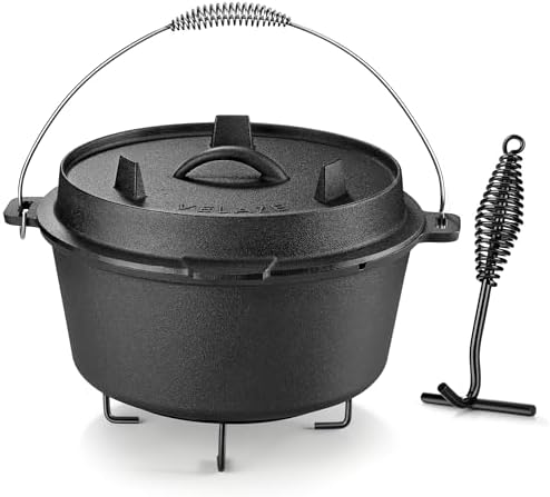 Velaze 10 QT Pre-Seasoned Cast Iron Camping Dutch Oven Pot with Lid by Velaze