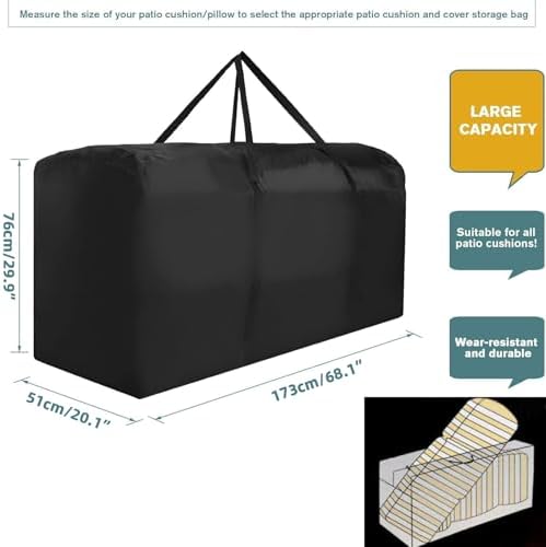 68" Extra Large Waterproof Outdoor Cushion Storage Bag – Heavy Duty Patio Furniture Cover with Zipper,Handles for Pool Decor,Christmas Tree Storage & Moving (173x76x51cm) (Black) - Image 5