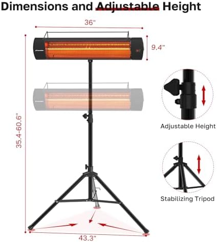 ThermoMate Infared Patio Heater for Outdoor with Tripod, Electric 1500W IP65 Waterproof with Remote, 3 Heating Levels & 24H Timer for Restaurant Backyard, Plug-in 120V Black - Image 5