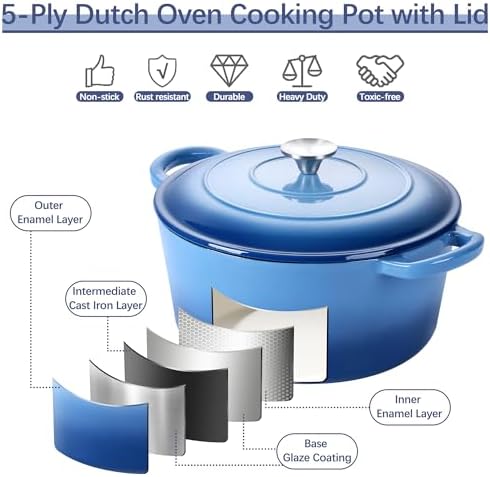 E-far Dutch Oven Pot with Lid, 5 Quart Enameled Cast Iron Round Dutch Oven Stockpot for Bread Baking/Braising/Cooking/Roasting/Stewing, Heavy Duty Nonstick Cookware Safe for Induction & Oven - Blue - Image 4