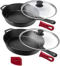 Cuisinel Cast Iron Skillet Set - 10" + 12" Frying Pan + Glass Lids + 2 Handle Cover Grips - Pre-Seasoned Oven Cookware - Indoor/Outdoor Use - Grill, Stovetop, Induction, BBQ, Camping, Fire Use by Cuisinel