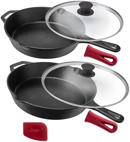 Cuisinel Cast Iron Skillet Set - 10" + 12" Frying Pan + Glass Lids + 2 Handle Cover Grips - Pre-Seasoned Oven Cookware - Indoor/Outdoor Use - Grill, Stovetop, Induction, BBQ, Camping, Fire Use by Cuisinel