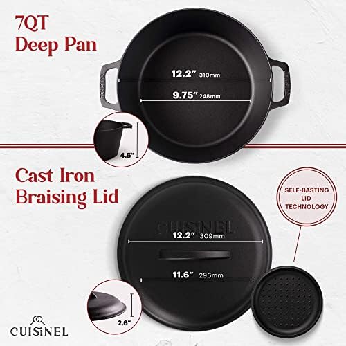 Cuisinel Cast Iron Dutch Oven - 7-Quart Deep Pot + Lid + Pan Scraper + Handle Covers - Large Pre-Seasoned Cooker for Baking Bread, Soup, Frying - Indoor/Outdoor Kitchen, Camping, Fire, BBQ Safe - Image 3