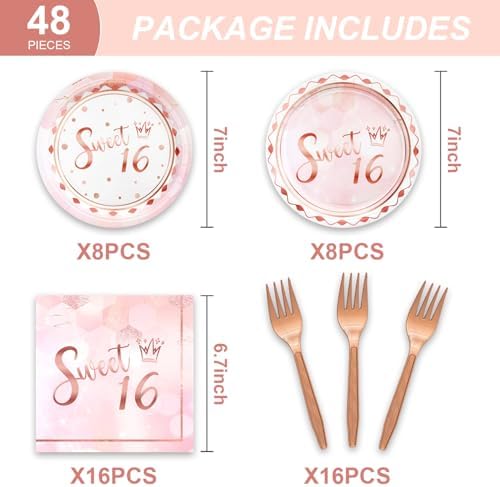 48Pcs Sweet 16 Party Decorations 16th Tableware Set Supplies Pink Disposable Birthday Plates Napkins Forks Serves 16 Sweet Sixteen Party Decorations For Girls - Image 2