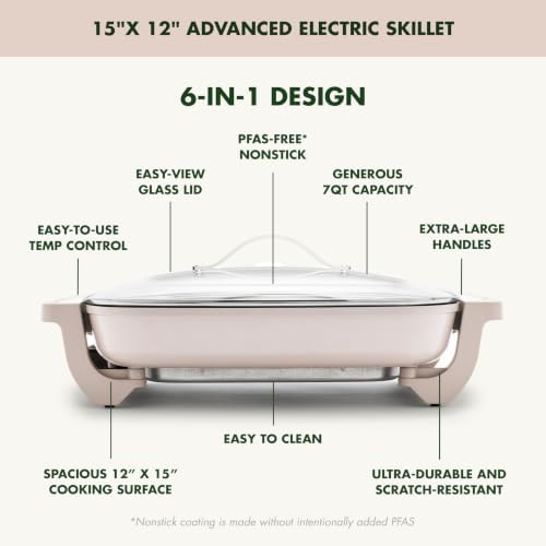 GreenPan Advanced 12” X 15” Electric Skillet with Lid, 7QT Capacity for Family Meals, Ceramic Nonstick PFAS-Free Coating, Fry, Sauté, Steam, Simmer, Sear, Stir Fry, Dishwasher Safe, Clay - Image 4