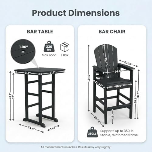 3-Piece HDPE Bar Height Table and Chairs Set, 42.1" Square High Top Pub Table with Umbrella Hole, 2 Adirondack Charis with Cup Holders, Outdoor Patio Dining Set for Bistro Backyard Deck Black - Image 2