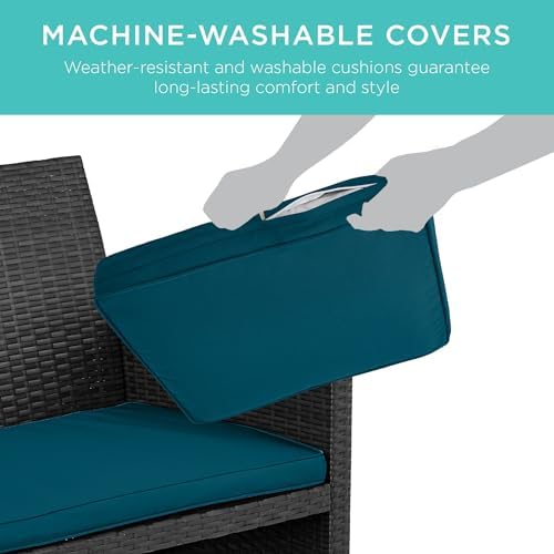 Best Choice Products 4-Piece Outdoor Wicker Patio Conversation Furniture Set for Backyard w/Coffee Table, Seat Cushions - Black/Peacock - Image 5
