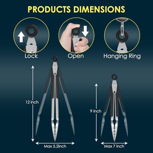 Hotec Stainless Steel Kitchen Tongs, Set of 2-9" and 12", Locking Metal Food Tongs for Cooking, Serving, BBQ, Grill Non-Slip Grip - Image 6