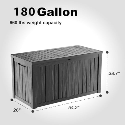 180 Gallon Resin Outdoor Deck Box Waterproof Patio Furniture, Garden Tools, Cushions, Pool Accessories Outside Storage (Black, 180 Gallon) - Image 2
