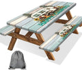 Flowers Picnic Table Cover with Bench Covers and Bag, Camping Essentials, Green Camper Wooden Grain Waterproof, Fitted Tablecloth Cover with Elastic Edge, Outdoor Table Covers, 3 PCS, 30x72 Inch by Xguatan