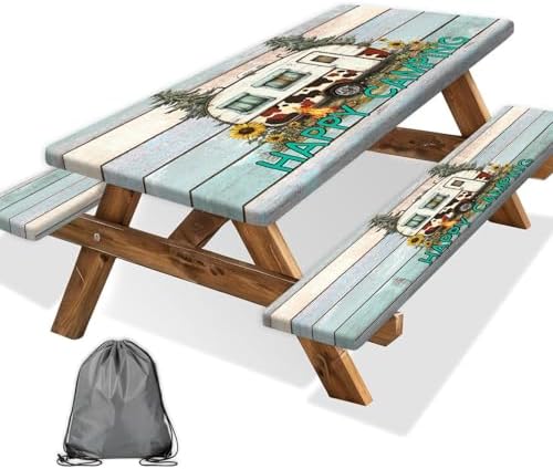 Flowers Picnic Table Cover with Bench Covers and Bag, Camping Essentials, Green Camper Wooden Grain Waterproof, Fitted Tablecloth Cover with Elastic Edge, Outdoor Table Covers, 3 PCS, 30x96 Inch by Xguatan
