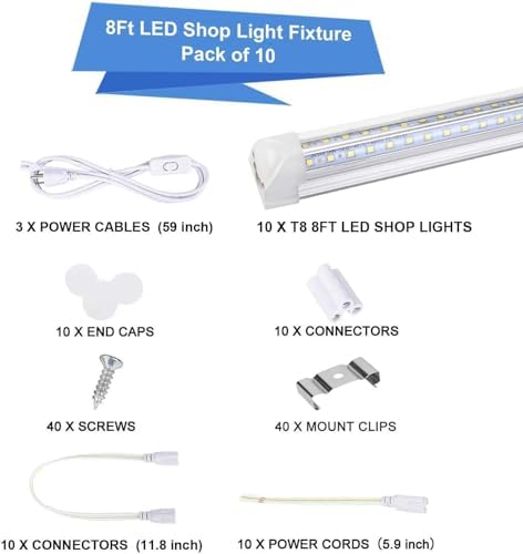 Henwsi 8FT LED Shop Light Fixture, White 10 Pack T8 Integrated Tube Lights, 72W 9500LM 6500K High Output Clear Cover, V Shape 270 Degree Lighting for Garage Warehouse, Upgraded Lights Plug and Play - Image 2