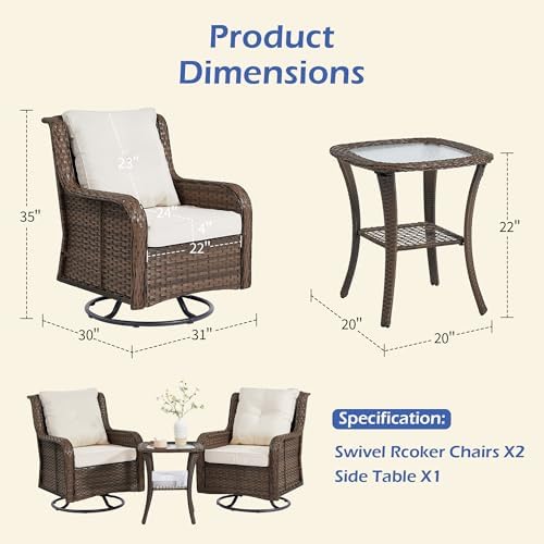 Wumiokio Patio Furniture Sets, 3 Pieces Wicker Outdoor Furniture - 360 Degree Swivel Rocking Chairs and Rattan Side Table for Garden,Porch,Backyard (Brown Wicker/Beige Cushion, 3PCS - Swivel Chairs) - Image 3