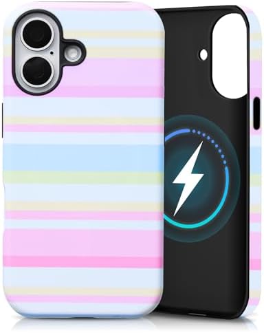 for iPhone 17 Case, Magnetic Matte Frosted Dual-Layer Striped Phone Case for Women, Retro Aesthetic Cover Compatible with Mag Safe Accessories - Pastel Dream by YKCZL