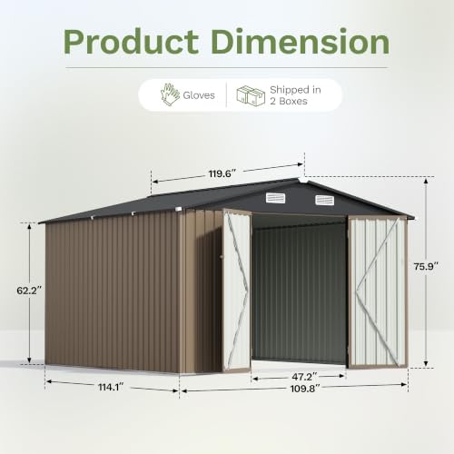 Patiowell 10x10 FT Storage Shed, Outdoor Metal Sheds, Brown - Image 2