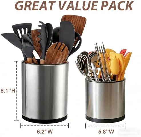 Nigelia Set of 2, Extra Large Kitchen Utensil Holder, 360° Rotating Stainless Steel Cooking Utensil Holder for Countertop, 3 Compartment Flatware Organizer (Silvery) - Image 2