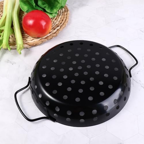 Round Grill Wok with Handle,Carbon Steel Grill Pan With Holes,Non-Stick Grilling Skillet,Round Grill Pan,Grill Basket For Seafood,Vegetable,Meat - Image 7