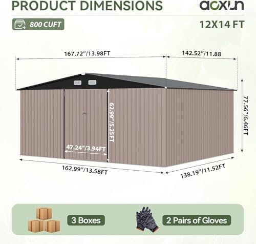 Aoxun 14x12 FT Outdoor Storage Shed, Metal Shed with Lockable Doors, Brown - Image 2