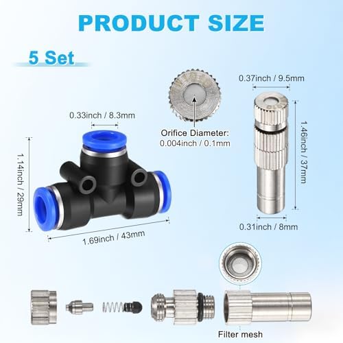 M METERXITY 5-Set Brass Misting Nozzles Tees Kit, 0.004"/0.1mm Orifice Mister Replacement Nozzles with Filter Mesh for Outdoor Cooling System/Greenhouse, Water Misting Nozzle Tees Kits - Image 3