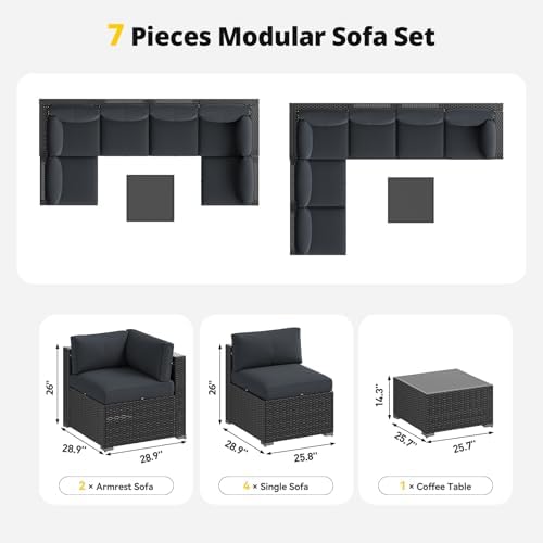 Aoxun Patio Furniture Set with Umbrella, 8 Piece Outdoor Sectional Sofas, Wicker Rattan Outdoor Furniture with Thickened Cushion for Backyard, Garden Dark Grey - Image 7