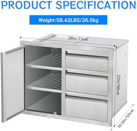 Outdoor Kitchen Drawer Combo Cabinet, Stainless Steel Triple Drawers with Integrated Access Door, 28" W x 22" H x 19.5" D Outdoor Built-in Cabinet for BBQ Island Grill Stations - Image 3