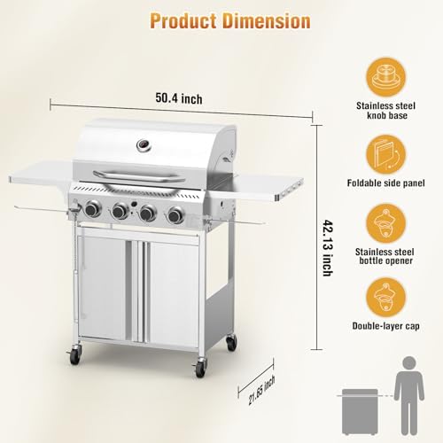 R.W.FLAME 4-Burner Gas Grill, Propane Grill with Folding Side Tables, Heavy-Duty Thickened Stainless Steel Grill, 32,000 BTU BBQ Grill for Outdoor Cooking, Barbecue, Garden and Patio Backyard - Image 3